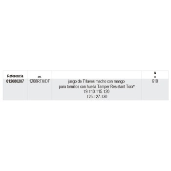 Ref. 1208RTX/D - Juego de 7 destornilladores macho para tornillos con huella Torx inviolable
