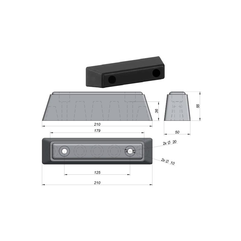 Ref. 0895 170 164 - Tope Paragolpes Goma 210x50x55mm.