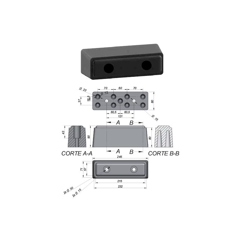 Ref. 0895 170 120 - Tope Paragolpes Goma 245x80x90mm.