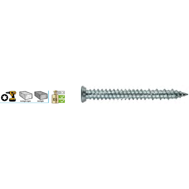 Ref. 0970 051575092 - Tornillo para Hormigón, Cabeza Plana, Huella Tx-30, Rosca Hi-Lo