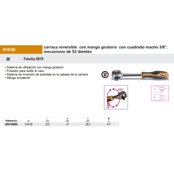 Carraca con cabeza giratoria 3/8" 52d