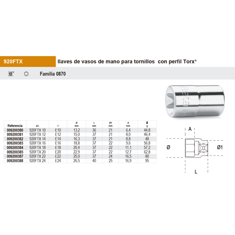 Vaso estándar para tornillos macho Torx 1/2