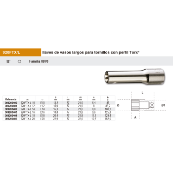 Vaso largo para tornillos macho Torx 1/2