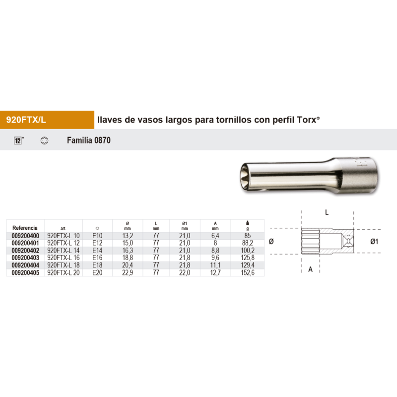 Vaso largo para tornillos macho Torx 1/2