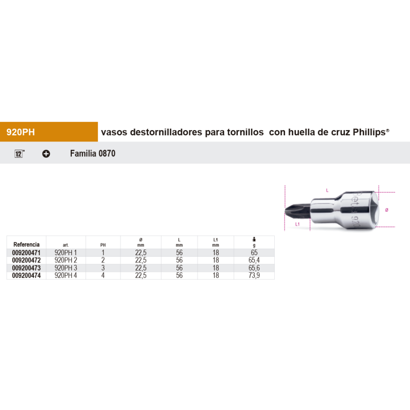 Vaso con punta Phillips 1/2"