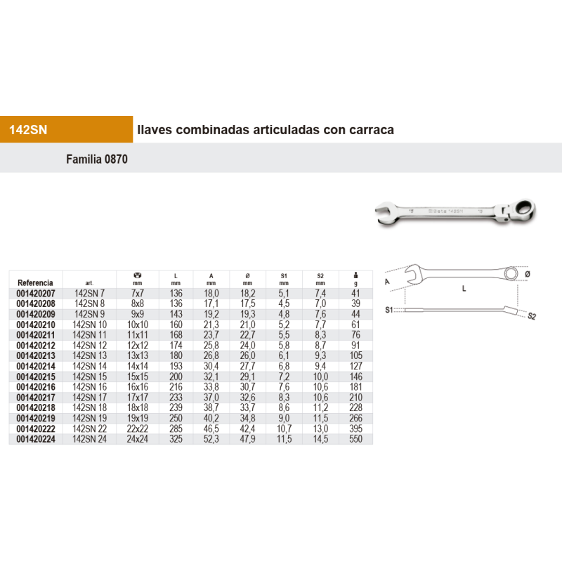 Llave combinada con carraca articulada métrico