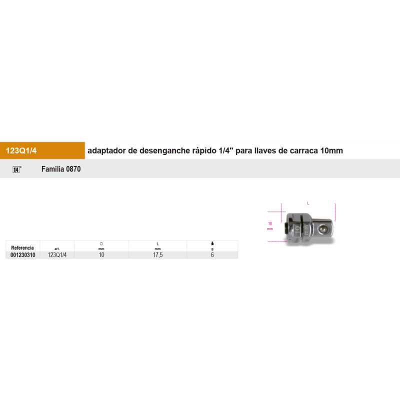 Adaptador de desenganche rápido 1/4" para llaves de carraca 10 mm
