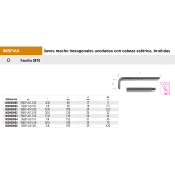 Llave macho acodada hexagonal pulgadas cabeza bola bruñidas