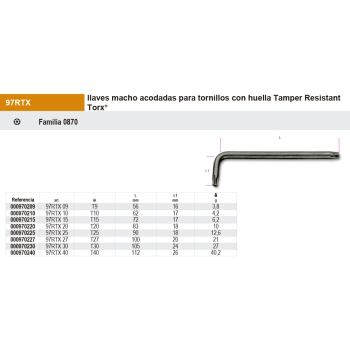 Llave macho acodada huella Torx inviolable