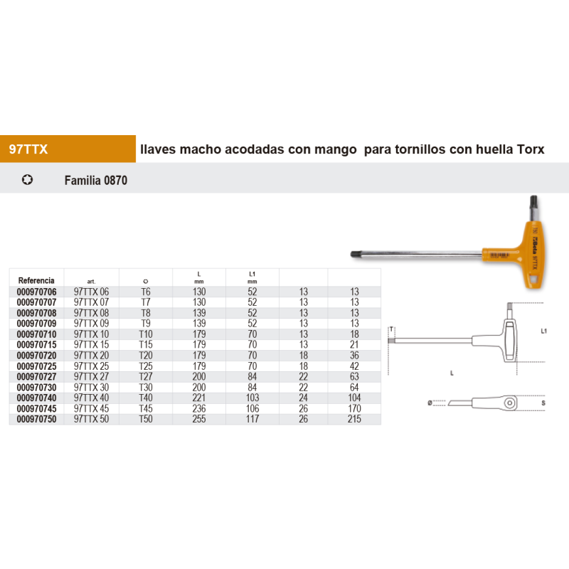 Llaves macho acodadas con mango para tornillos con huella Torx