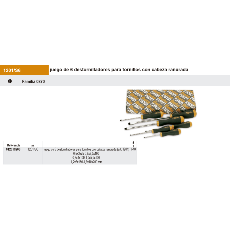 Juego de 6 destornilladores para tornillos con cabeza ranurada