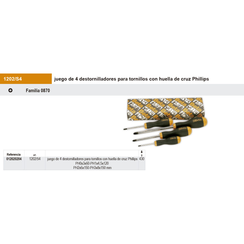 Juego de 4 destornilladores para tornillos con huella de cruz Phillips
