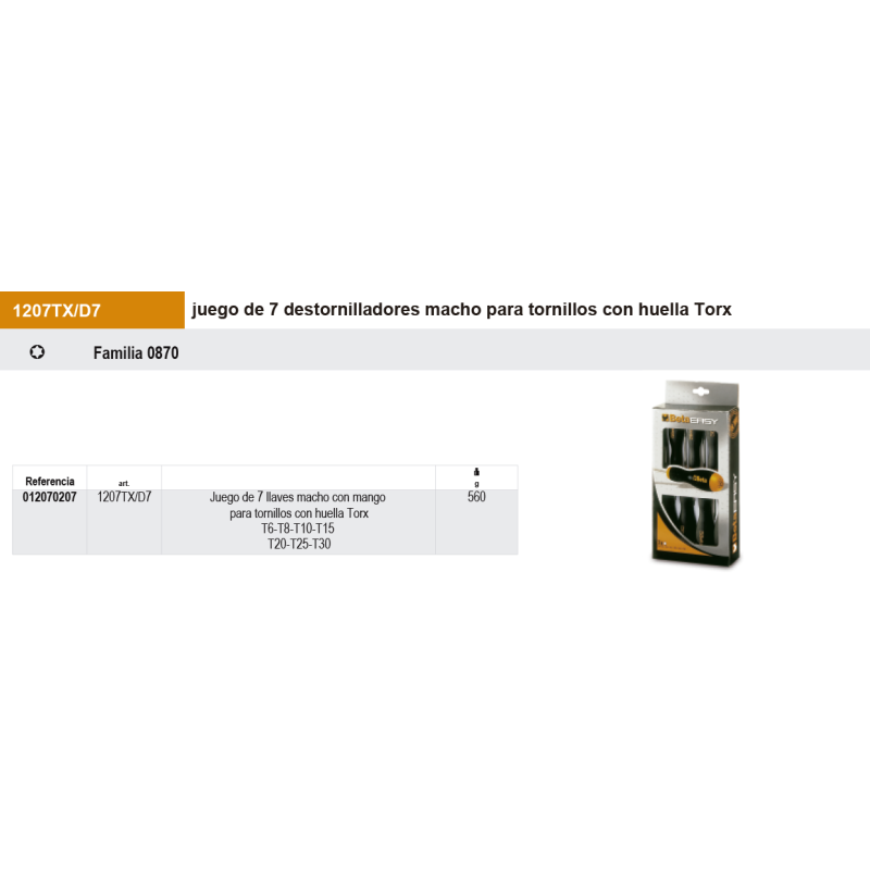 Juego de 7 destornilladores macho para tornillos con huella Torx