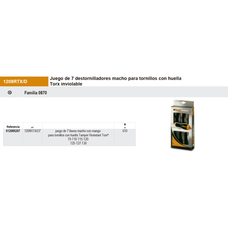 Juego de 7 destornilladores macho para tornillos con huella Torx inviolable