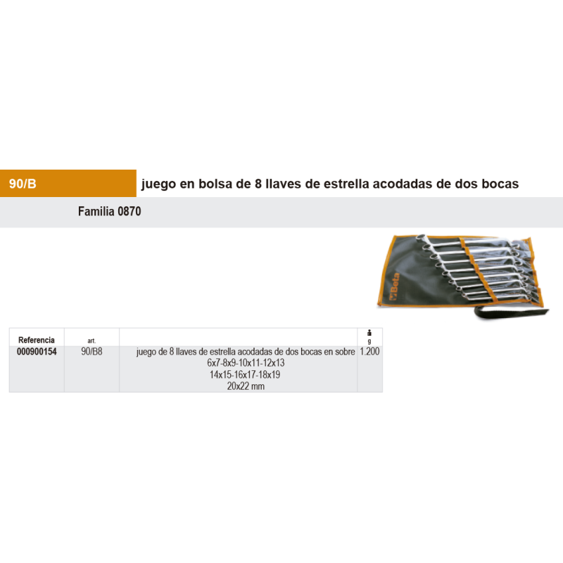 Juego en bolsa de 8 llaves de estrella acodadas de dos bocas