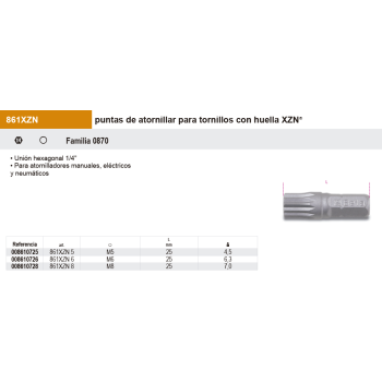 Puntas de 1/4 para tornillos con huella XZN