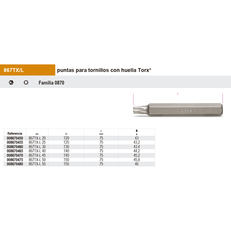 Puntas de 10mm Larga para tornillos con huella Torx