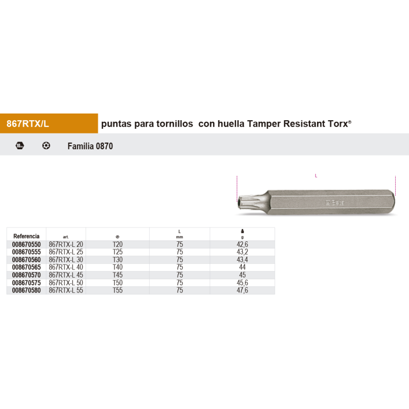 Puntas de 10mm Larga para tornillos con huella Torx Inviolable