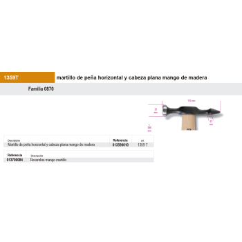 Martillo de peña horizontal y cabeza plana mango de madera