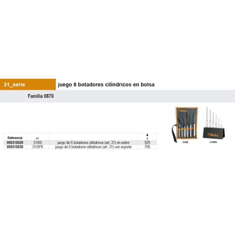 Juego 6 botadores cilíndricos en bolsa