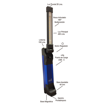 Ref. 0801 035 037 - Lámpara de Trabajo Articulada Recargable 400 Lúmenes (Blanca / U.V.) Flex